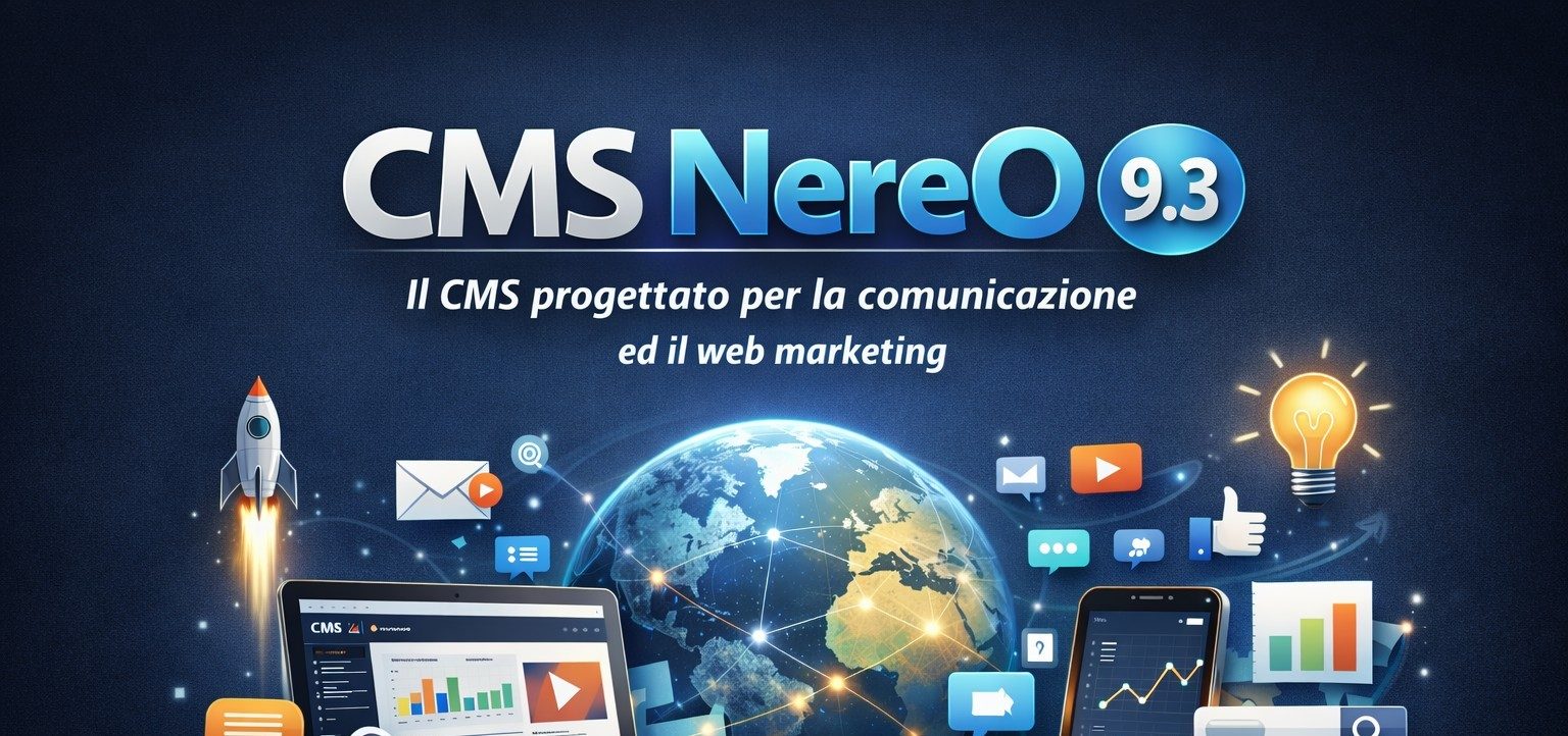 Grafica promozionale del CMS NereO 9.3 per comunicazione e web marketing